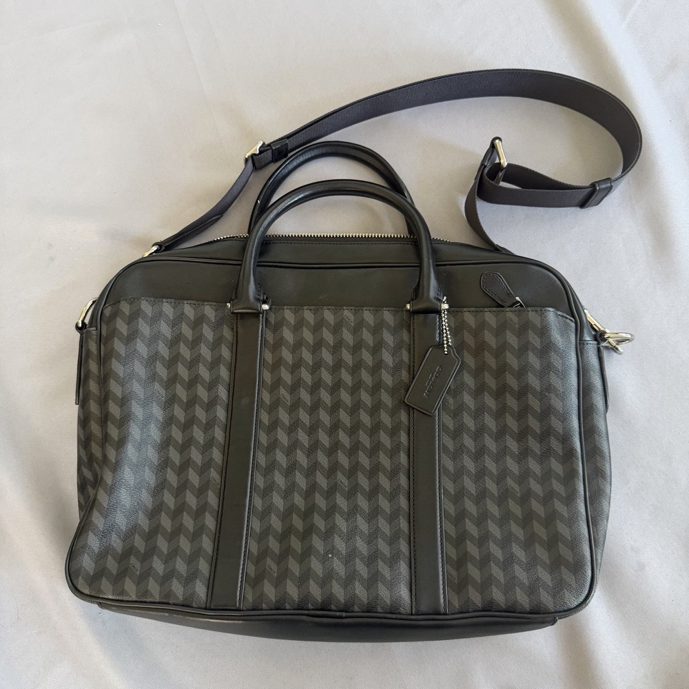 COACH Perry Slim Briefcase Herringbone Print Leather USA Zip Around F24722